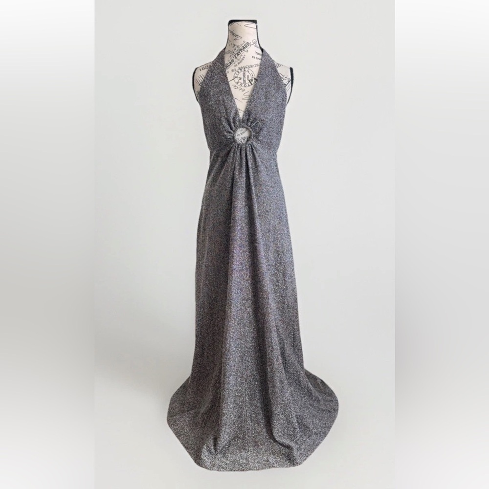 Vintage 70s 80s Kelly Arden Sparkle Keyhole Halter Maxi Party Prom Dress